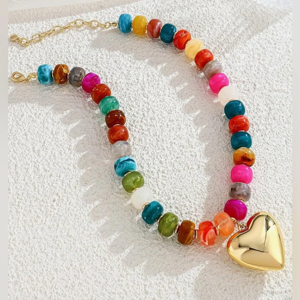 Anthropologie colorful Bead heart necklace Nordstrom Colorful Stretch bracelet 2 - Picture 2 of 5